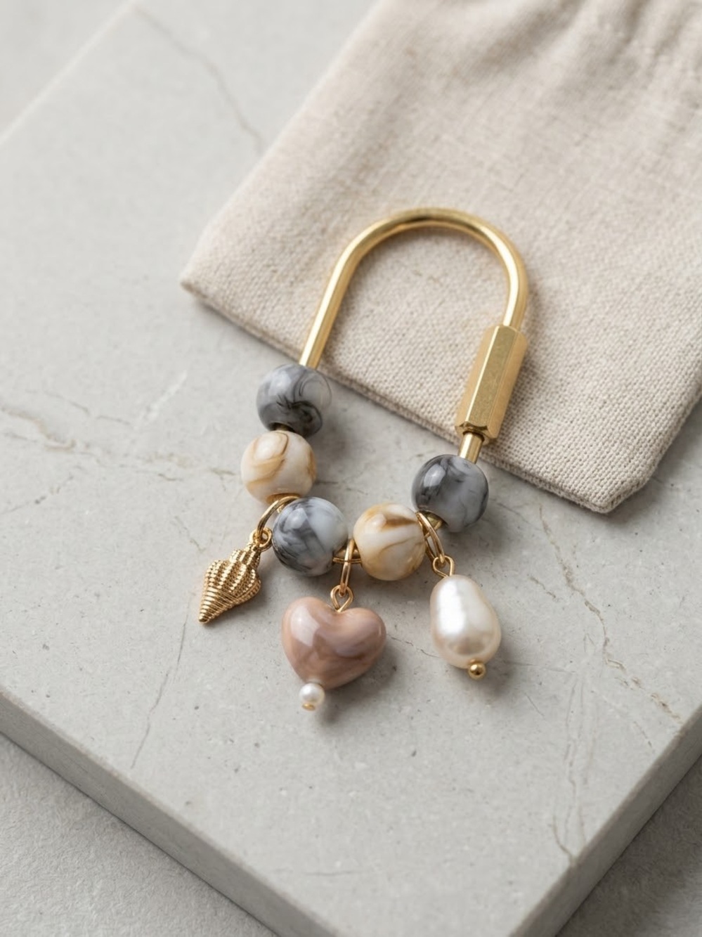 Carabiner Bag Charm Keychain Gold with Heart, Seashell & Faux Pearl Charms